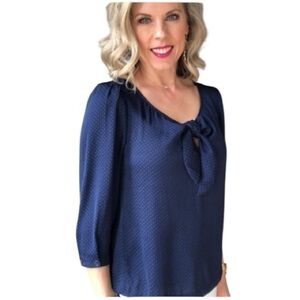 CAbi Navy Blue Polka Dot Blouse Bow Detail Size Small, Soft & Elegant EUC
